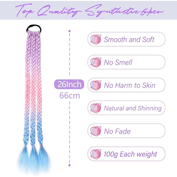 Regnbue Hestehale Extensions med Hårstrikk 1 Pakke 100g Fargede Hår Extensions for Fletting 26 tommer Fargerik Ombre Hestehale