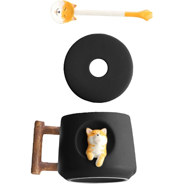 3D Söpö Koirakahvimuki Keraamiset Teekupit Kannella ja Lusikalla Sarjakuva Shiba Inu Kuppi Upotettu Eläin Ulkopuolella Aamumuki 420ML Black