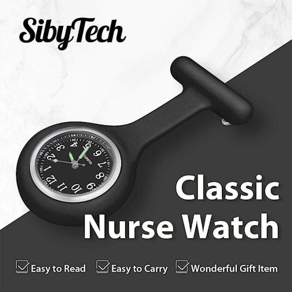 Watch , silikon med nål/klämma, glöd i mörk design, sjukvårdssköterska Läkare Paramedic Medicinsk watch（svart）