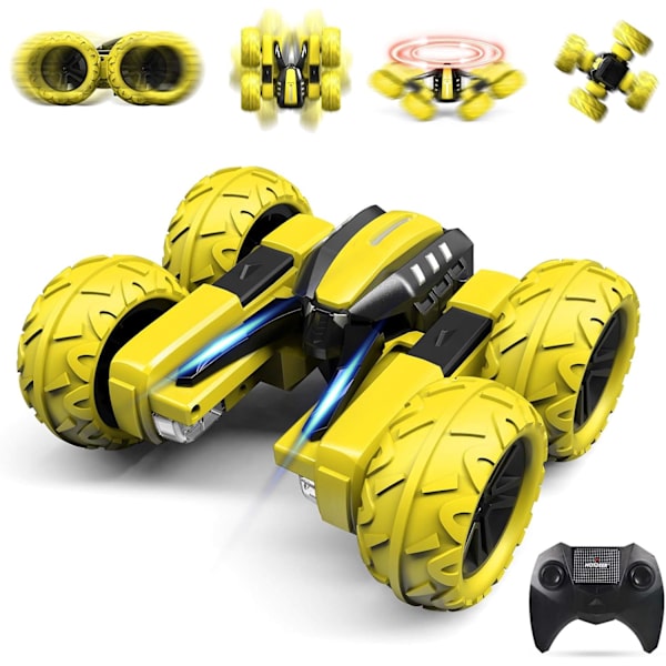 Fjernstyrt bil, RC stuntbil, elektrisk 4WD 2,4 GHz dobbeltsidig roterende bil med LED-lys, 360° terrenggående lekebil for barn (gul)