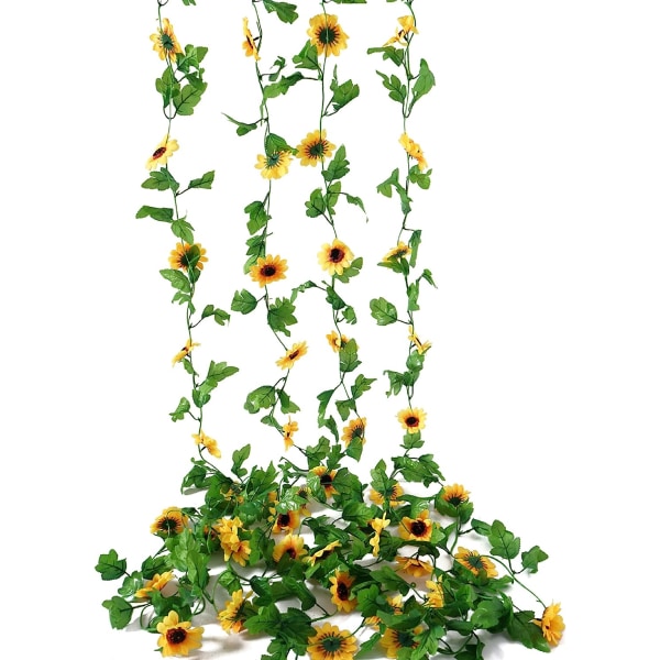4 st konstgjord solrosgirland, sidensolrosranka med löv, konstgjorda blommor Vägghängande växter