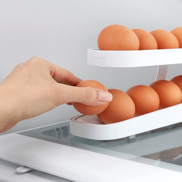 Kjøleskap eggestativ, automatisk rullende eggbeholder, 2-lags rullende eggdispenser, (hvit)