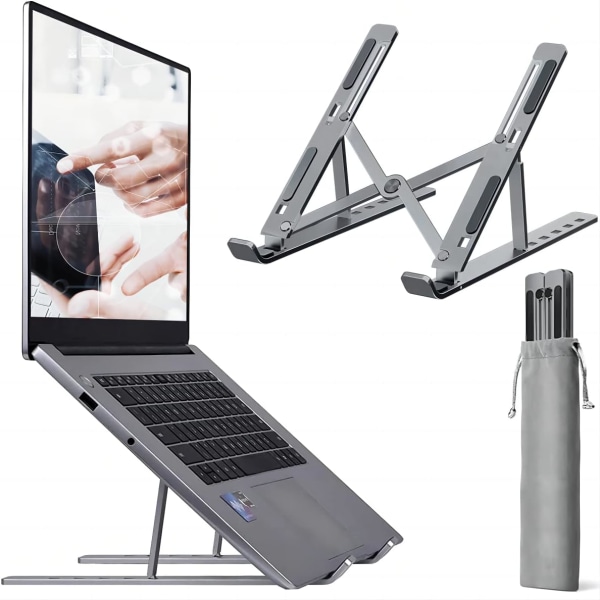 Grå bærbar computer stand, 7 niveauer højdejusterbar bærbar computer stand skrivebord, aluminium ventileret kølestand bærbar computer riser, silikone skridsikker notesbog riser