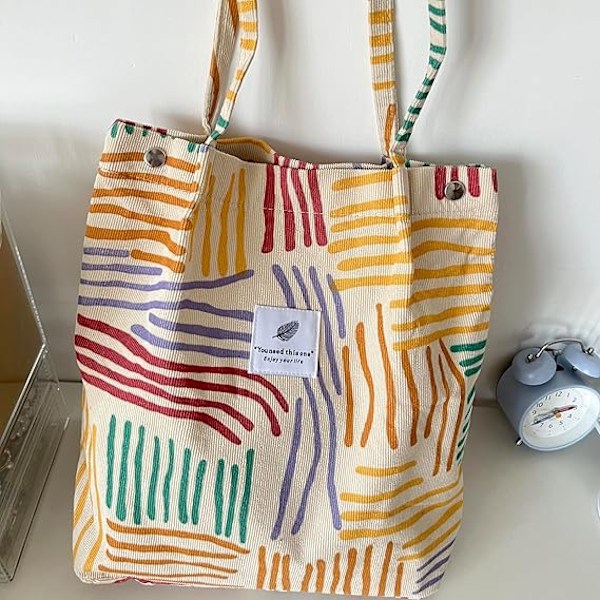 Tote Bag Handleveske Stor Kordfløyelsveske for Kvinner Vaskbar Gjenbrukbar Skulderveske Fargerike Striper Håndverksvesker, for Shopping Reise Rojo vino