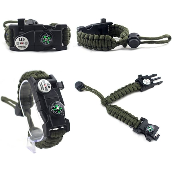 Säädettävä Selviytymisranneke, 7 Ytimen Paracord 20 in 1 Hätätilanteen Urheiluranneke Varustepaketti Vedenpitävällä LED SOS-Valolla, jne (Army Green)