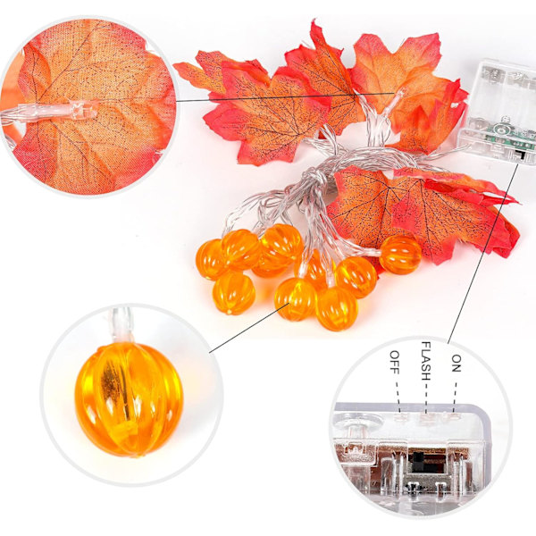 Thanksgiving lønneblad lyslenke med gresskar, lønneblad lyslenke, høst høst Halloween dekorasjoner 3m 20 LED batteridrevet girlander