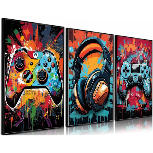 3 stk. Cool Gaming Wall Art Retro Videospil akvarel plakater Billeder Farverige Neon Gamepad Lærred Maleri Prints 12x16in Uden ramme