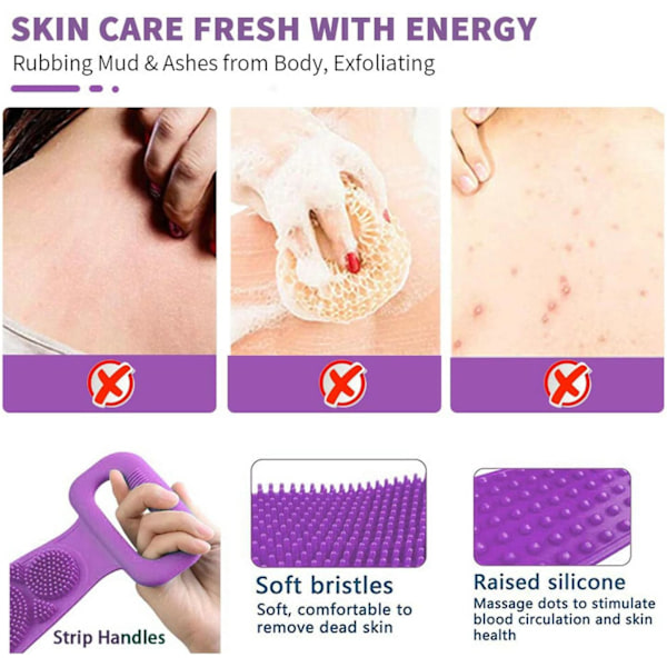 24 \" Ryggskrubbare Kroppsborste Silikon Bad Duschborste för Användning i Duschen för Kvinnor Män Mjuk Exfolierande Silikon Badhandduk Purple