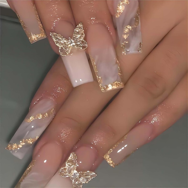 Nageltryck på långa tryck på naglar, glänsande Ombre akryl falska naglar med 3D fjärilsdesigner guld glitterpulver konstgjorda naglar, 24 st