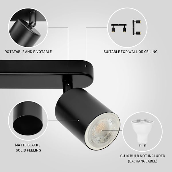 LED-kattovalaisin, kattovalaisin pyörivä (ilman lamppua) Black