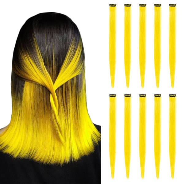 22 tums färgat hårförlängning, multifärgad festklipp i syntetiska hårförlängningar (10 st gul)
