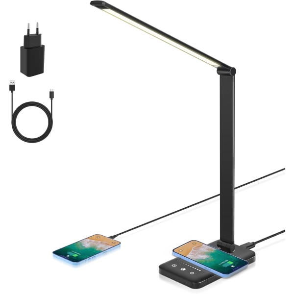LED-skrivebordslampe, dæmpbar skrivebordslampe 7,5 W trådløs opladning og USB-opladningsport læselampe, øjenbeskyttelse, 5 lysstyrkeniveauer