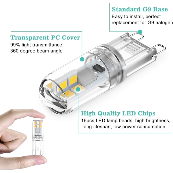 G9 LED-lampor 1,5W motsvarande 20W halogen naturlig vitt ljus 4000K, AC 220-240V, ej dimbar, miniglödlampa, flimmerfri, 6-pack