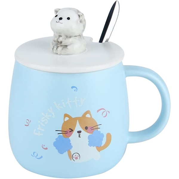 Kattmugg, söt kaffemugg i keramik, med 3D-formad kattlock och sked, för te, mjölk, varm choklad, födelsedagspresent till flickor och kvinnor 8,8x8,2 cm (blå)