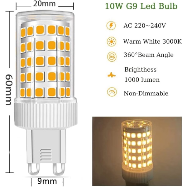 3-pack G9 LED-lampor 10W halogenlampa 150W, 86 lysdioder, 1000Lm, 360° strålvinkel, superljus, AC220-240V, ej dimbar, varmvit 3000K