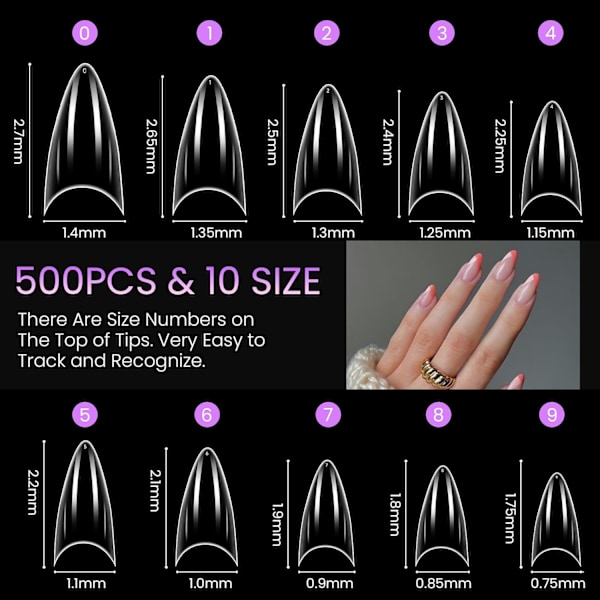 500 st Nail Tips Stiletto Korta för Akryl, Klar Halv Cover Form Nail Tips Fransk Transparent Nail Tip Press On Falska Konstgjorda Naglar, 12 Storlekar