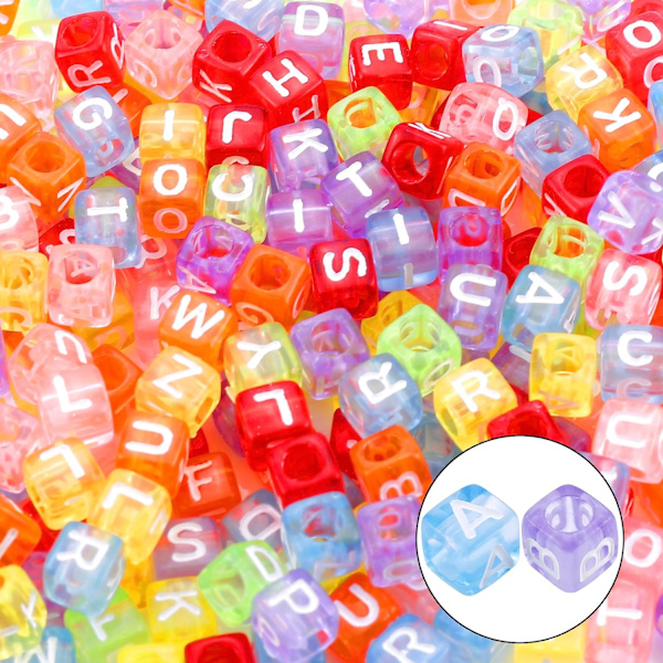 1400 stk. 5 farver akryl alfabet terningperler bogstavperler med 1 rulle 50M krystal snorledning