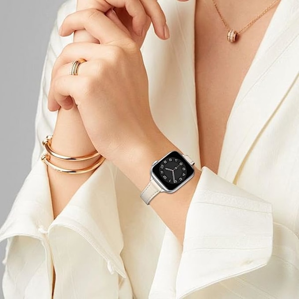 Läderarmband Kompatibelt med Apple Watch 42mm 44mm 45mm 49mm, Smalt Tunnt Läderersättningsband, för Kvinnor Män Beige&Silver 42mm 44mm 45mm 49mm