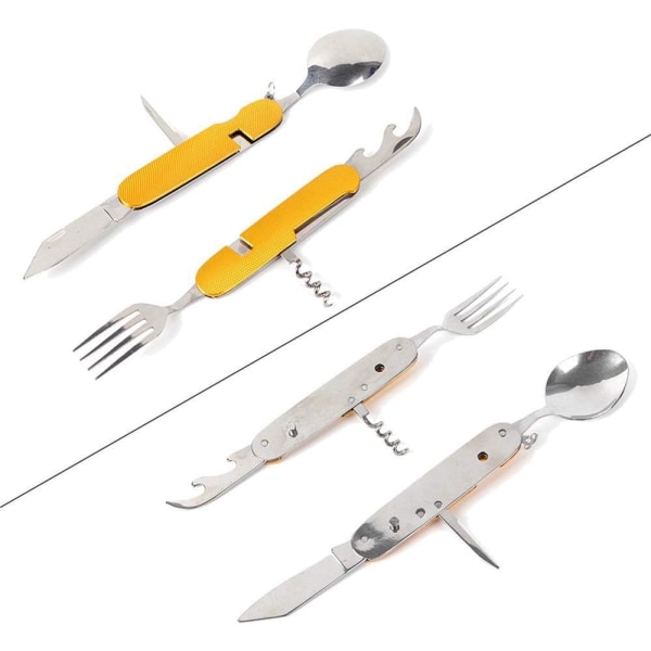 2-pack Vikbart Campingbestick Set Rostfritt Stål Bestick 6 i 1 Multiverktyg Utomhus Överlevnad Resa Vandring Bestick Set Gold and Red