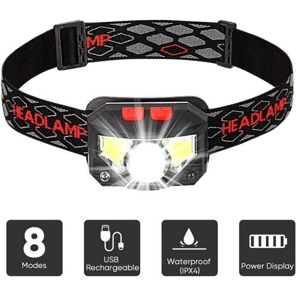 LED Hodelykt, USB Oppladbare Hodelykter med Bevegelsessensor, 300LM 8 Lysmoduser IPX4 Vanntett, Kontinuerlig 30 Timer