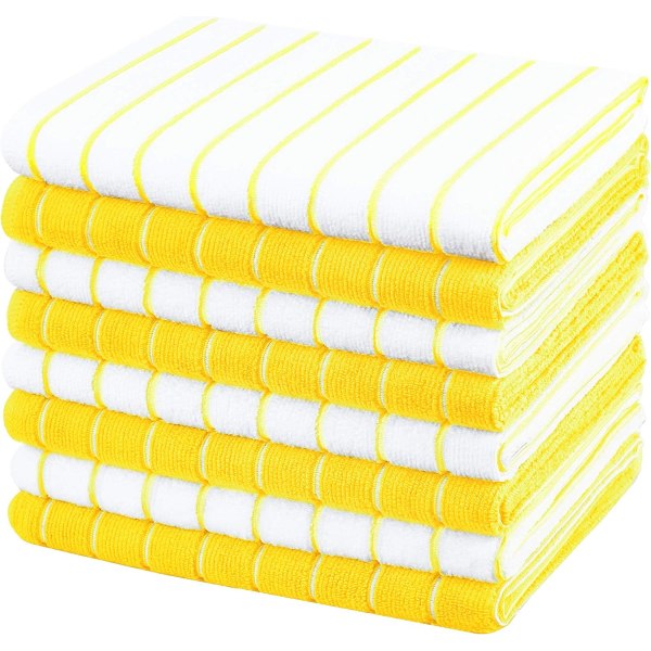 Mikrofiber kökshanddukar - förpackning om 8 (randdesignade gula och vita färger) - Mjuk, superabsorberande, 45 x 65 cm