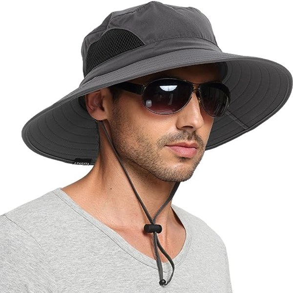 Solskydd för män/kvinnor, vattentät buckethatt med bred brätte, vikbar buny cap för fiske, vandring, safari, strand. Mörkgrå