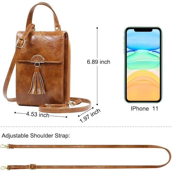 Crossbody mobiltelefonväska PU-läder liten crossbody axelväska mini dam plånbok handväska med justerbar axelrem och handväska (brun)
