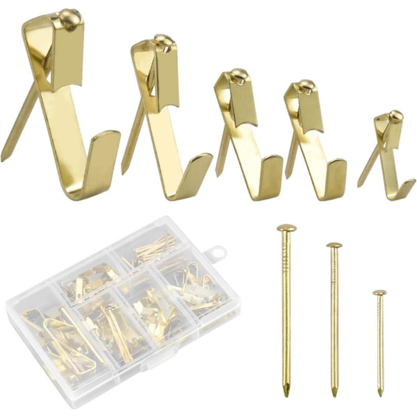 Picture Frame Hooks 130 Pieces Hanging Kit for Painting Mirror Bag Canvas, Wall and Wood with Nails 10-100 Lbs Gold