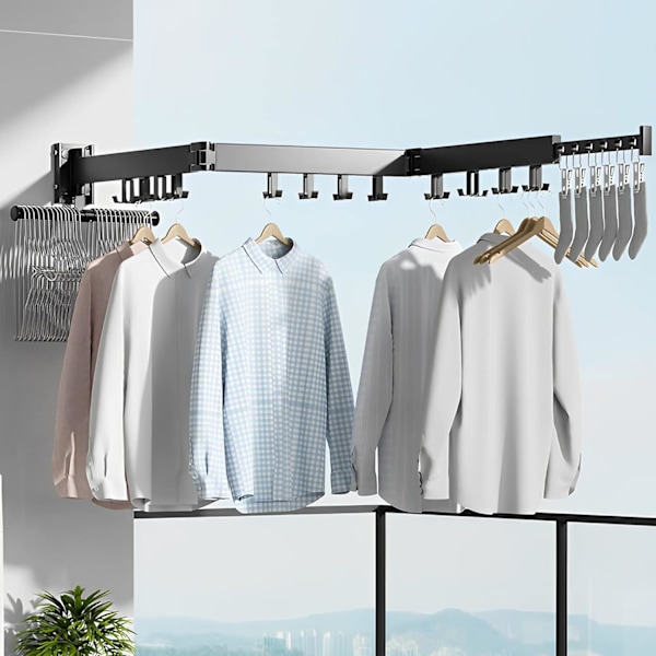 Extendable wall-mounted clothes rack with towel holder