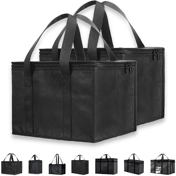 Gjenbrukbar isolert kjølebag (liten, 2-pakning 29*23*23cm) for matlevering og dagligvarehandel med glidelås, svart