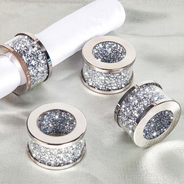 Servettringar Silver Set om 4, Bling tyghållare full av krossade diamanter till middagsfest, bordsdekoration