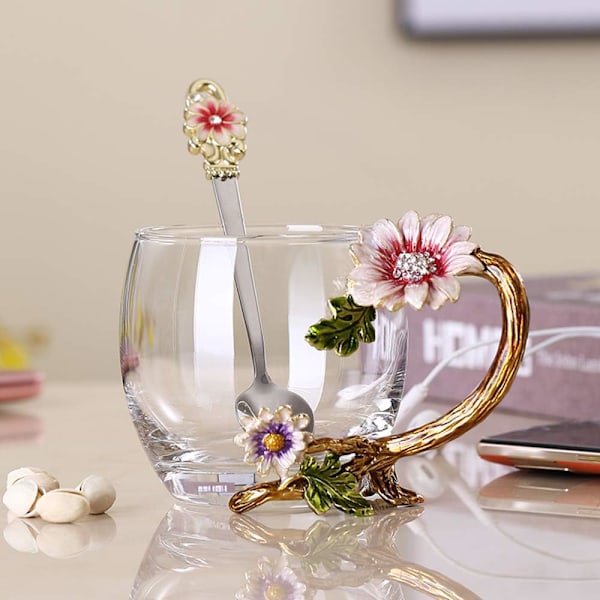 Emaljerad Solros Kristall Blyfri Glas Tekopp med Sked Set, Present till Jul, Alla hjärtans dag. Bästa Presenten Style 1