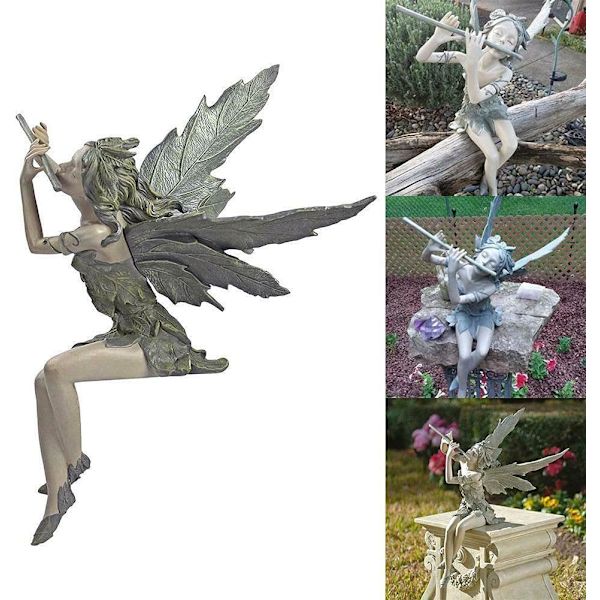 Sittende fe-hagefigur utendørs ornament uteplass skulpturer dekor