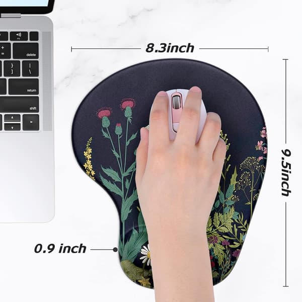 Ergonomisk musemåtte med håndledsstøtte, gelmusemåtter med skridsikker PU-base, musemåtte i memoryskum, sød musemåtte til bærbar pc, sort blomst Black Flower