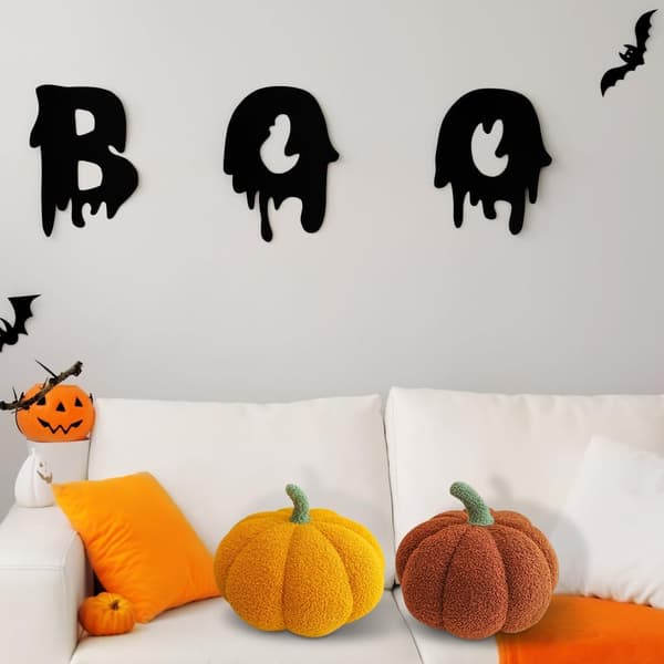 Sæt med 2 bløde 3D græskarformede puder til Halloween, boligindretning til bil, soveværelse, sofa, 23 cm