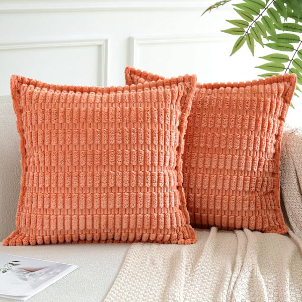 Kuddfodral set om 2 i sammet, dekorativt fyrkantigt randigt örngott med sydda kanter, kuddfodral 50 x 50 cm Orange