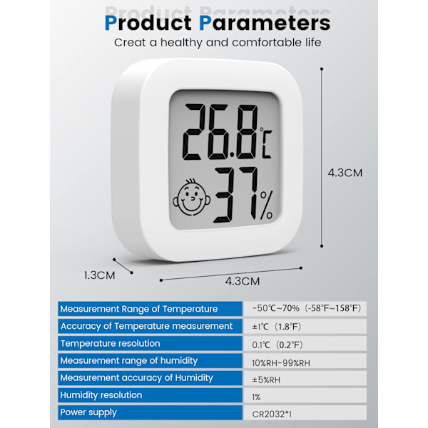 Mini digitalt termometer hygrometer, termohygrometer komfortnivåindikator, 4 stk
