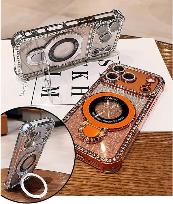 Magnetisk stativ til iPhone 17 Pro cover med glimmer-kort, blød TPU-kofanger med diamanter, sølv Silver iPhone17PRO