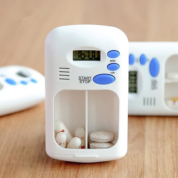 Pillerflaska Timer Cap, Bärbar Elektronisk Digital Pillerlåda Timer med Alarm Smart Pillerfodral Påminnelse med 2 Fack
