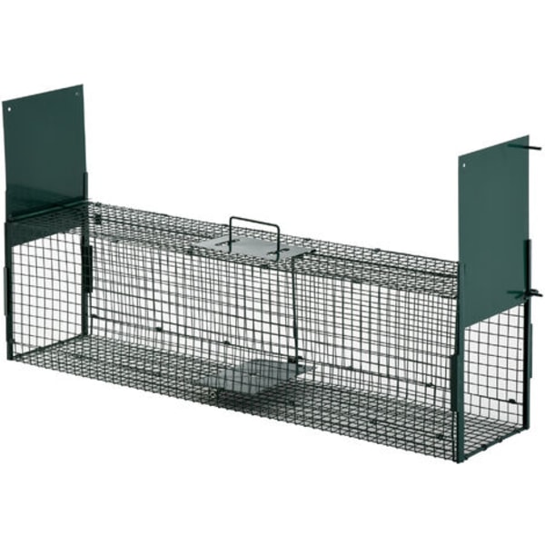 Liten djurfälla för att fånga kaniner och möss - 2 ingångar + handtag - mått 62L x 24B x 27H cm - grön metall