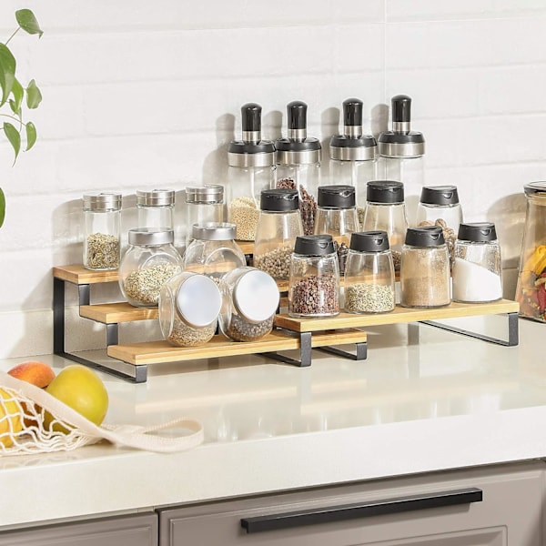Bambu Spice-telineet, 2 kpl Laajennettavia 3-tasoisia Spice-telineitä, Säilytyshylly Keittiöön, Työtasolle, Kylpyhuoneeseen, Puu ja Musta