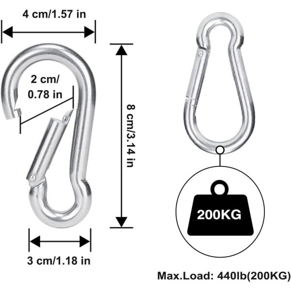 4 stk. Karabinkrok for tunge gjenstander, sport, låsehunder, hengekøye, 304 rustfritt stål, 8 mm tykkelse