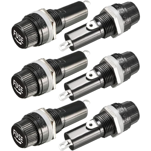 6 stk. 6x30mm Sikringsholder AC 10A 250V Sort Skruelåg Sikringsholder, Panelmonteret Skruelåg Sikringsholder