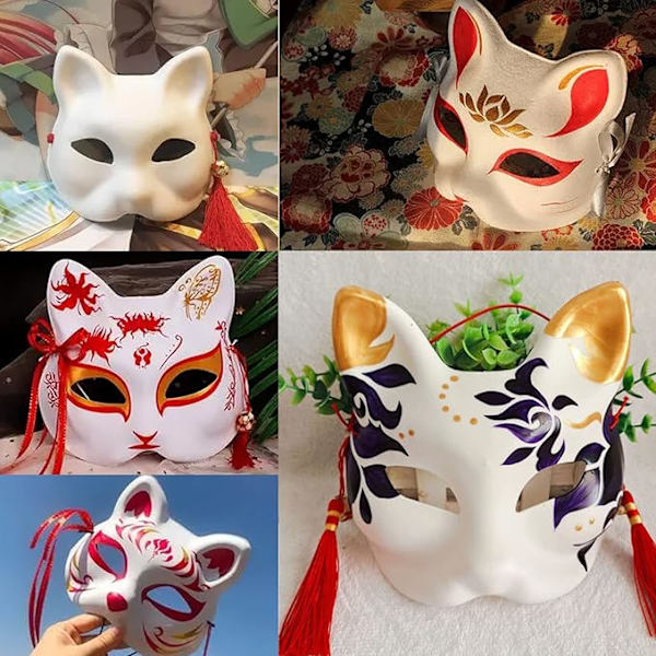 DIY tomma kattmasker, 6-pack omålade rena vita graffiti ansiktsmasker katt vit pappersmask med målarpenslar för dekorationshantverk