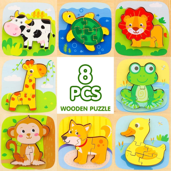 Träpussel för småbarn 1-3 år gamla, pussel för barn, montessorileksaker, 8 djurformade pussel, pedagogiska leksakspresenter