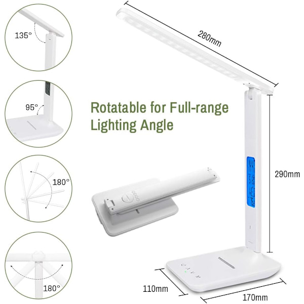Dimbar LED-bordlampe, 3 moduser/ 5 lysstyrkenivåer/LCD-skjerm/alarmklokke/temperatur og kalender, øyebeskyttende berørings-LED-skrivebordslampe White