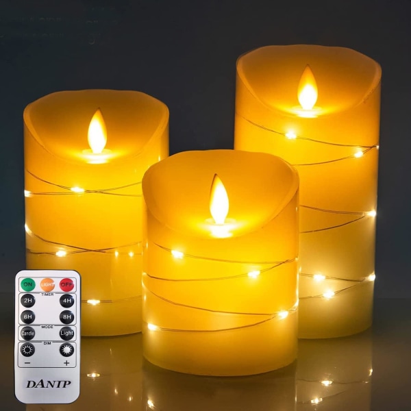 LED flammefri stearinlys, med indlejret stjernestreng, 24-timers timerfunktion, dansende flamme
