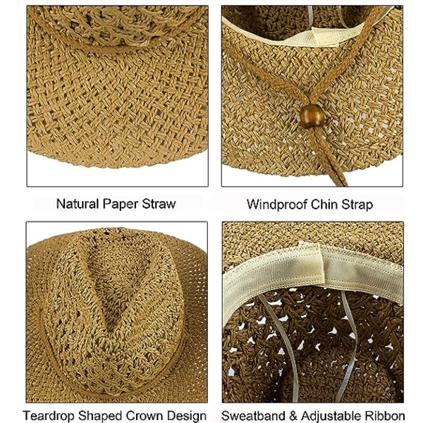 Håndvevd stråhatt dame vintage flat top solhatt menn og kvinner generelle sommerhatt, khaki