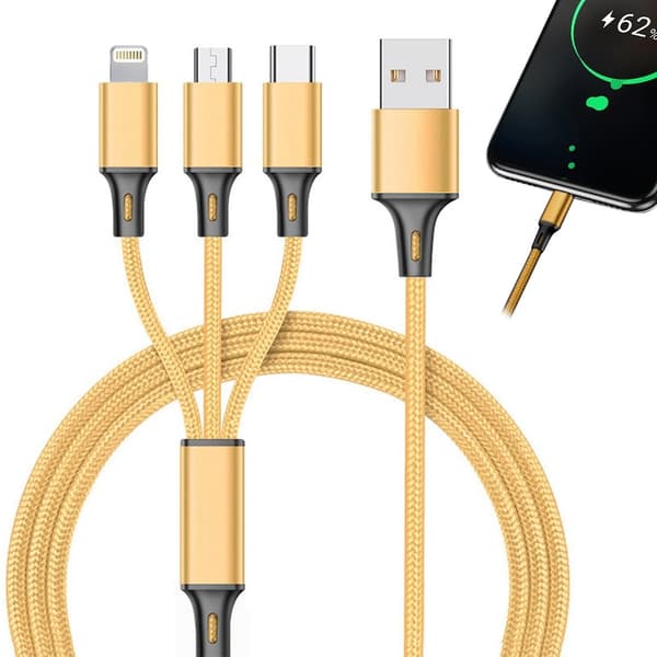 3-i-1 USB-kabel for telefon lightning-kabel iPhone mikro-USB type-c 1,2m gold