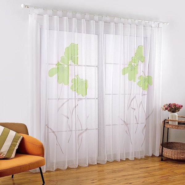 2 stk. håndtegnede blomsterprint gardiner til stue, bredde 150 cm (højde 260 cm, grøn)